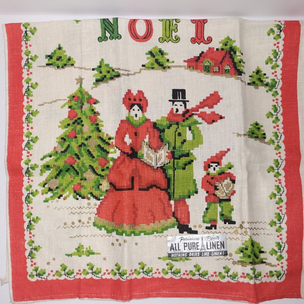 Vintage Christmas Tea Towel * Linen Kitchen Towel * Mid-Century Carolers Noel Ki